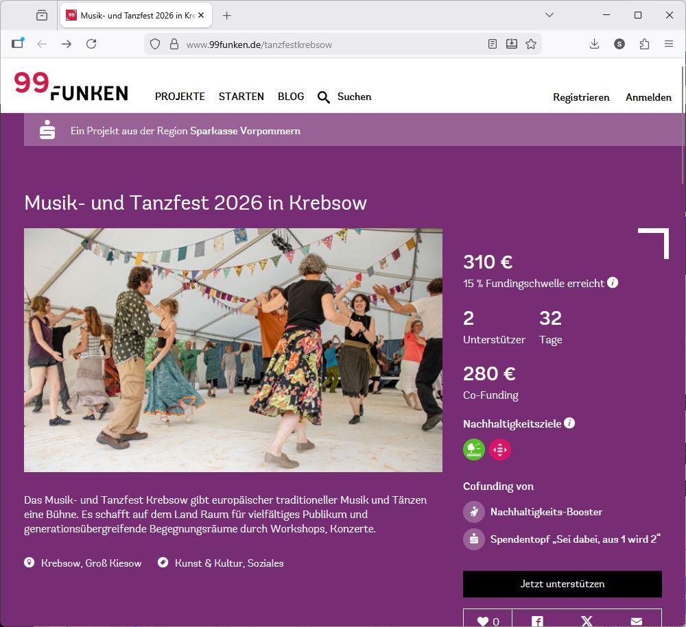 Crowdfunding für das Tanzfest Krebsow 2026: Kampagnenwebsite (Screenshot: Boddenfolk)